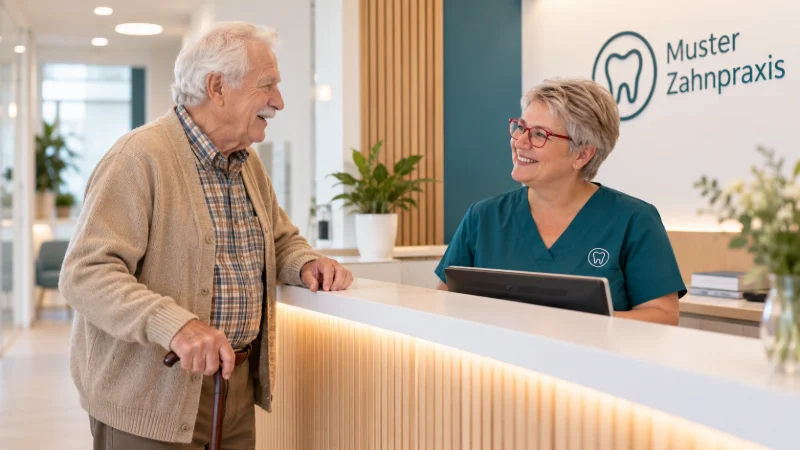 Sabine von der Rezeption begrüßt einen älteren Patienten mit Gehstock am Empfangstresen
