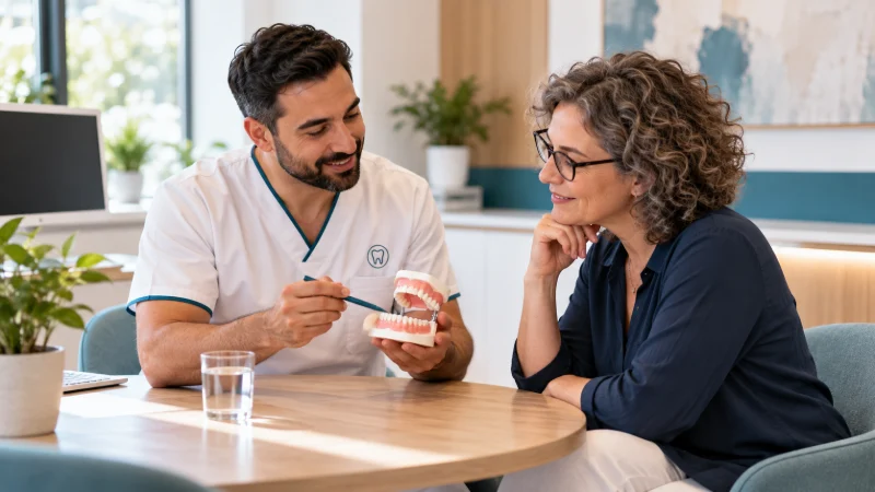 Dr. Murat zeigt einer Patientin am Kiefermodell den geplanten Zahnersatz