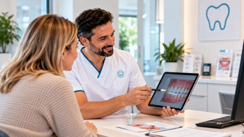 Dr. Murat erklärt einer Patientin die Planung am Tablet