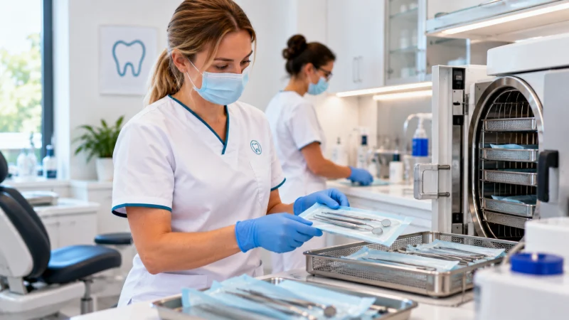 Eine Mitarbeiterin bereitet Instrumente im modernen Aufbereitungsraum auf