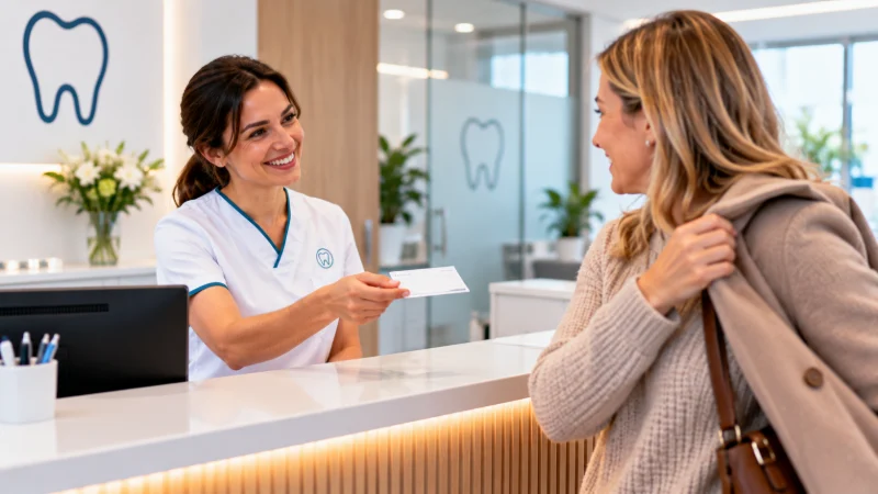 Eine Mitarbeiterin reicht einer Patientin an der Rezeption einen Terminzettel