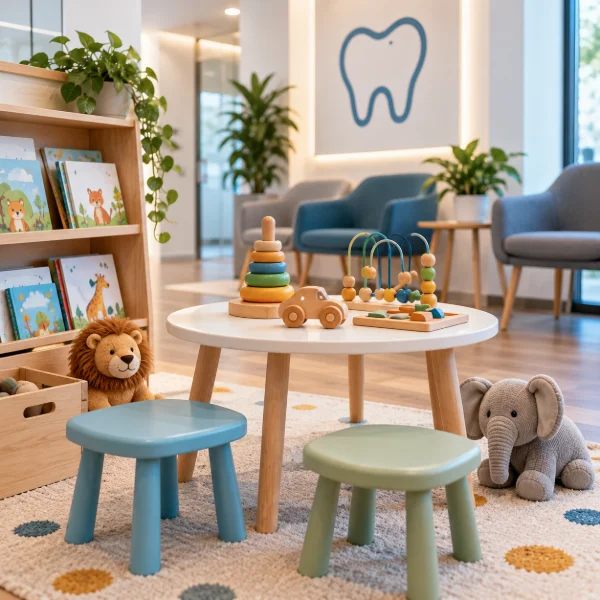 Kleine Spielecke mit Holzspielzeug und Bilderbüchern im Wartebereich